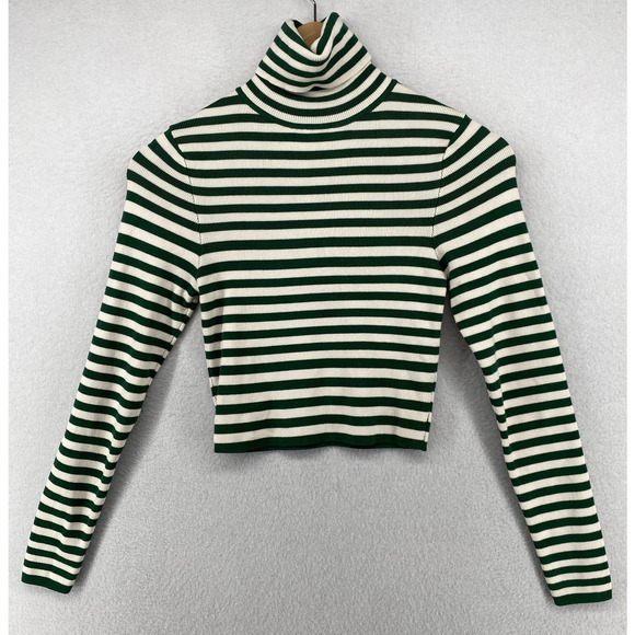 Zara Sweaters - ZARA Sweater Womens M Striped Ribbed Cropped Turtleneck Pullover Green White
